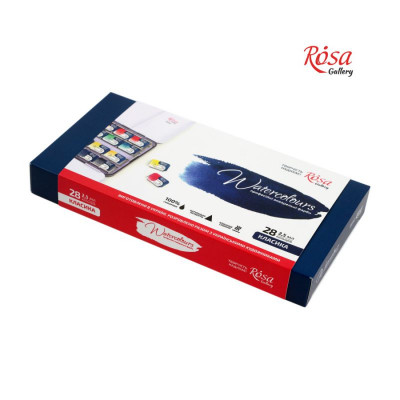 Набір акварельних фарб, 28 кольорів в кюветах, в металевому пеналі, Класика ROSA Gallery 340028