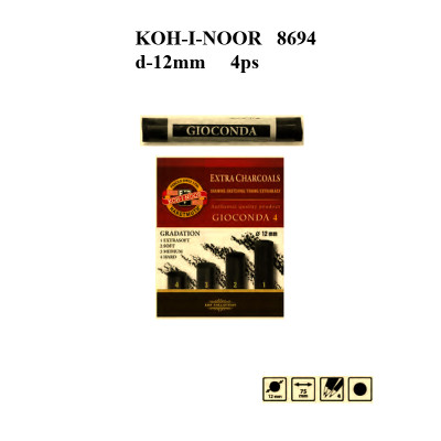 Набор угля хдожественного, d12mm, черный, 4шт. различной твердости-мягкости. KOH-I-NOOR 8694